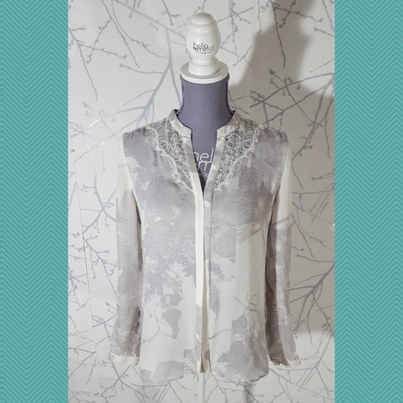 Elie Tahari Ivory & Gray Floral Printed Silk Pullover Blouse w/ Lace Detail - Picture 1 of 6
